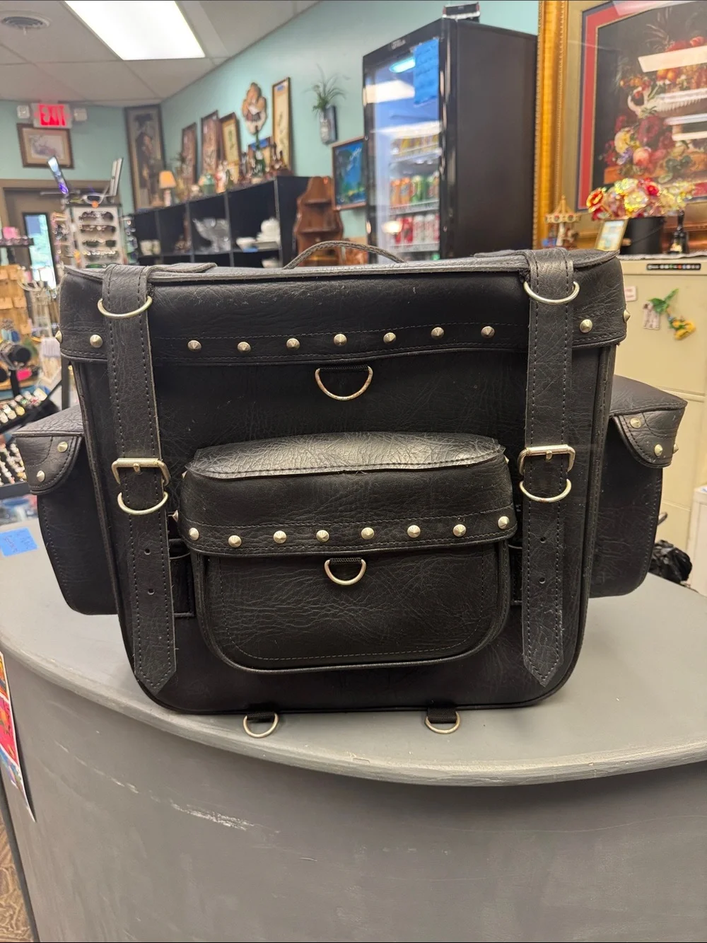 Black Studded Men's Duffel Bag with Front Pouch and Buckle Straps